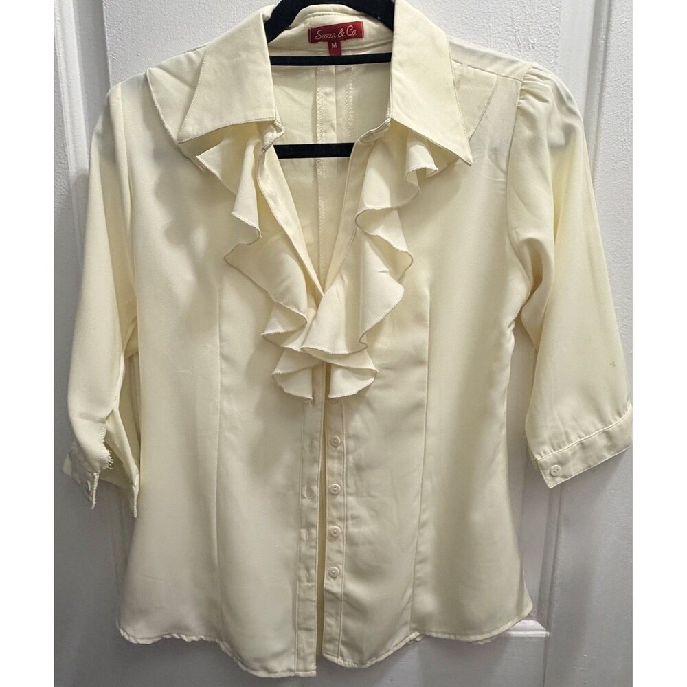 Swan & Co. Ivory Ruffle Collared Blouse 3/4 Sleeve Women M cottagecore NWOT